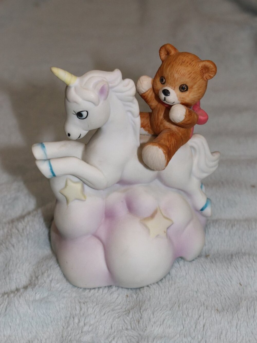 Vintage 1980s Unicorn with bear music box, ceramic.
